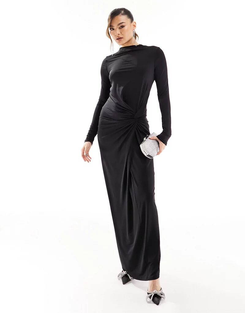 Эксклюзивное черное платье макси с высоким воротником Daska
