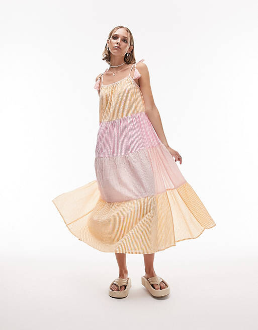 

Оранжево-розовое платье миди в полоску Topshop Petite Tiered, Оранжевый