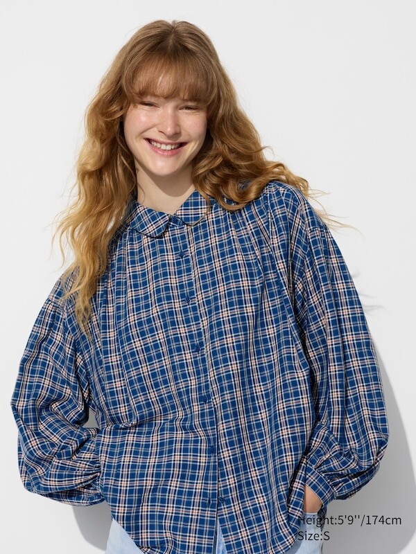 

Блузка со сборкой из мягкого газона в клетку Uniqlo, синий
