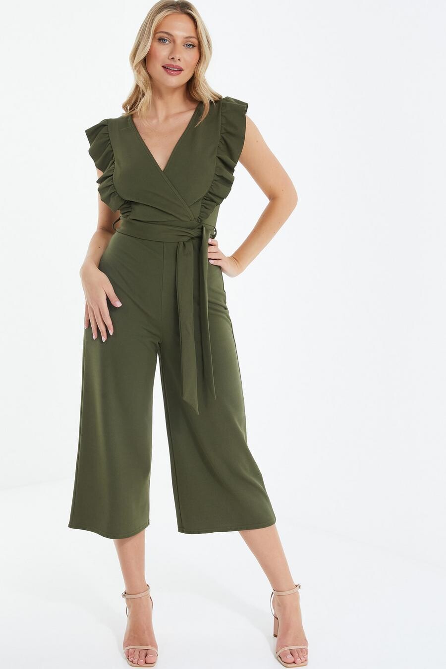 

Комбинезон-кюлот цвета хаки с запахом и оборкой спереди QUIZ Clothing
