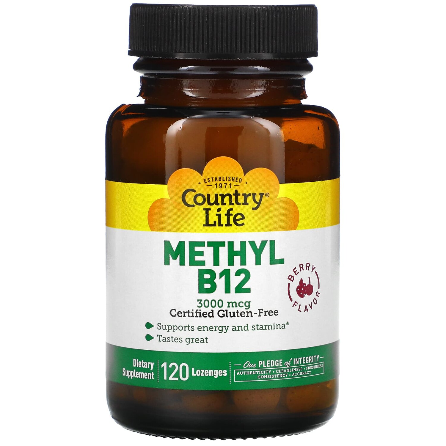 

Метил B12, ягодный, 3000 мкг, 120 пастилок, Country Life