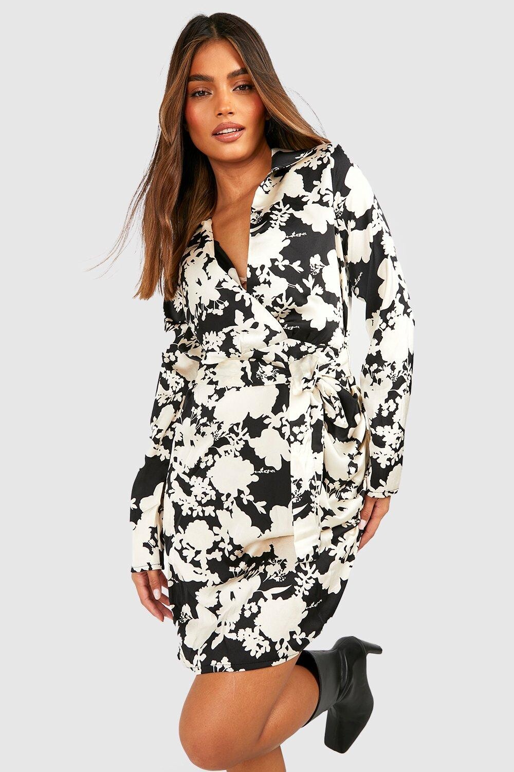 

Платье из атласного цветочного платья с запахом Boohoo, черный