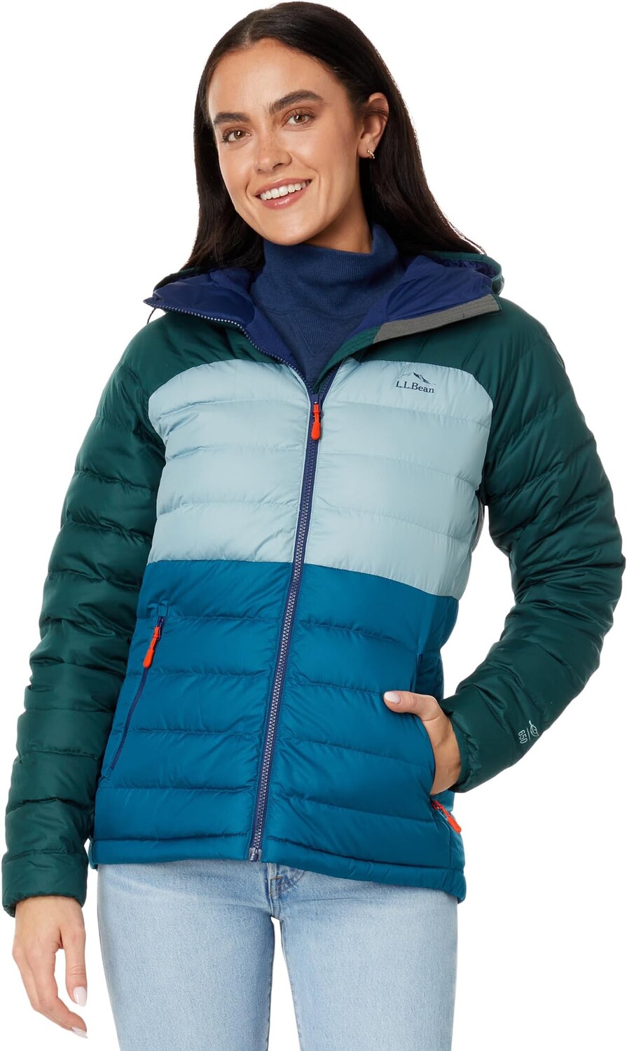 

Пуховик Bean's с капюшоном, колор-блок L.L.Bean, цвет Mallard Teal/Dark Pine