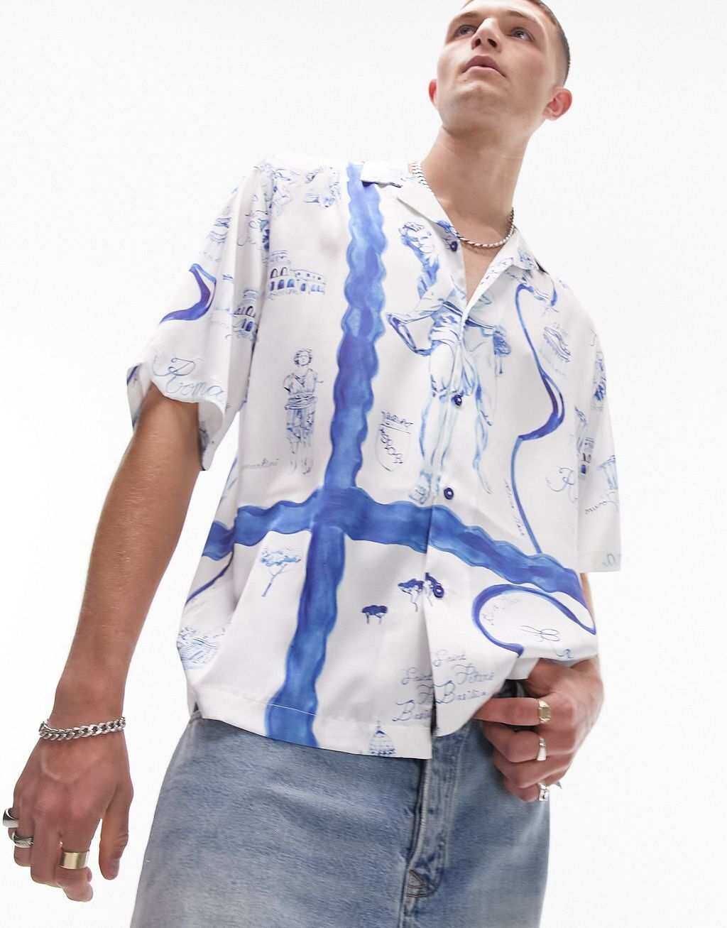 

Белая непринужденная атласная рубашка с принтом Topman