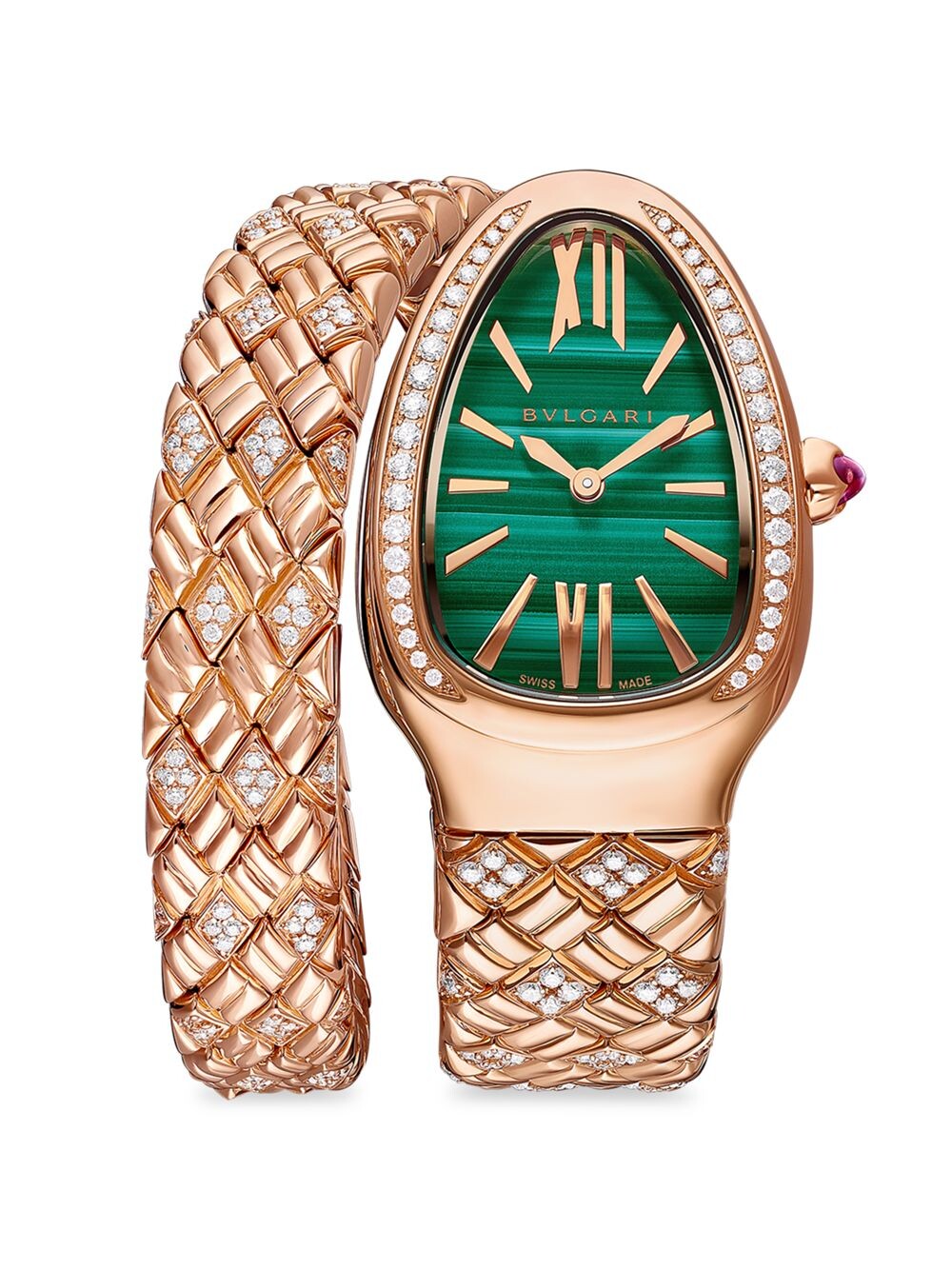 

Часы-браслет Serpenti Spiga из 18-каратного розового золота, малахита и бриллиантов с одним поворотом BVLGARI, золотой
