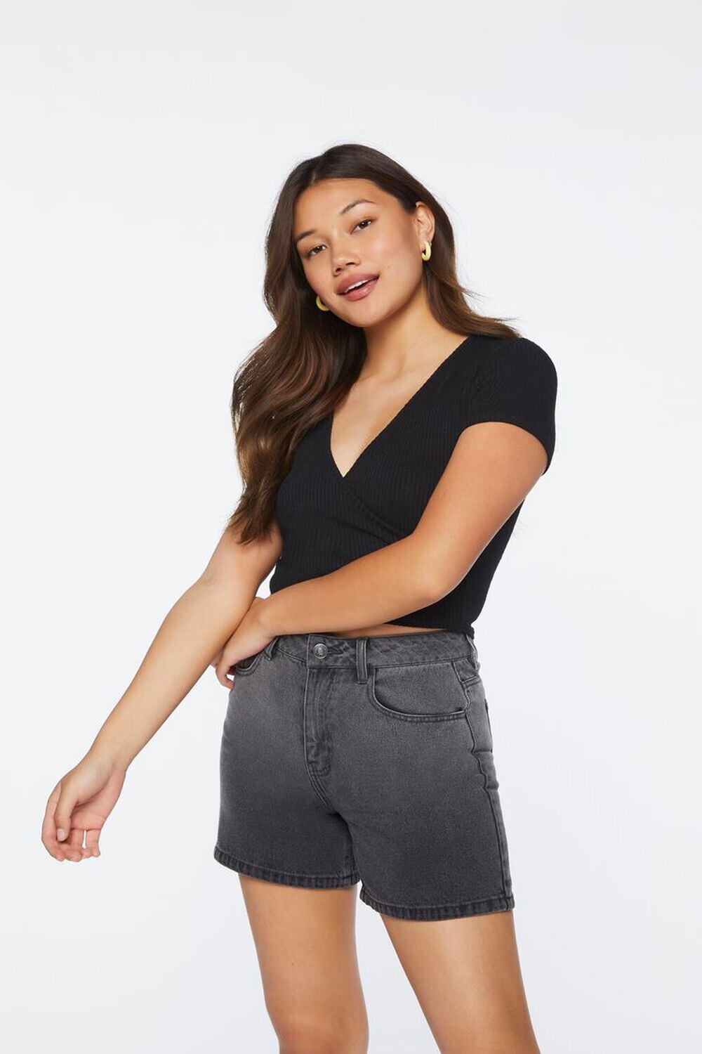 

Укороченная футболка в рубчик Forever 21, черный
