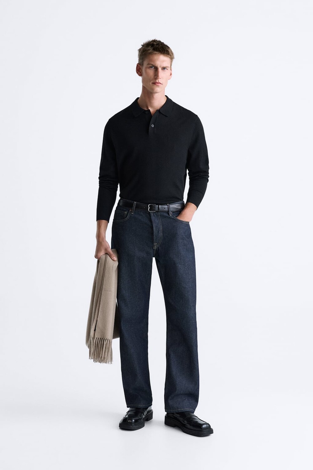 

Рубашка-поло из смесовой шерсти ZARA, черный