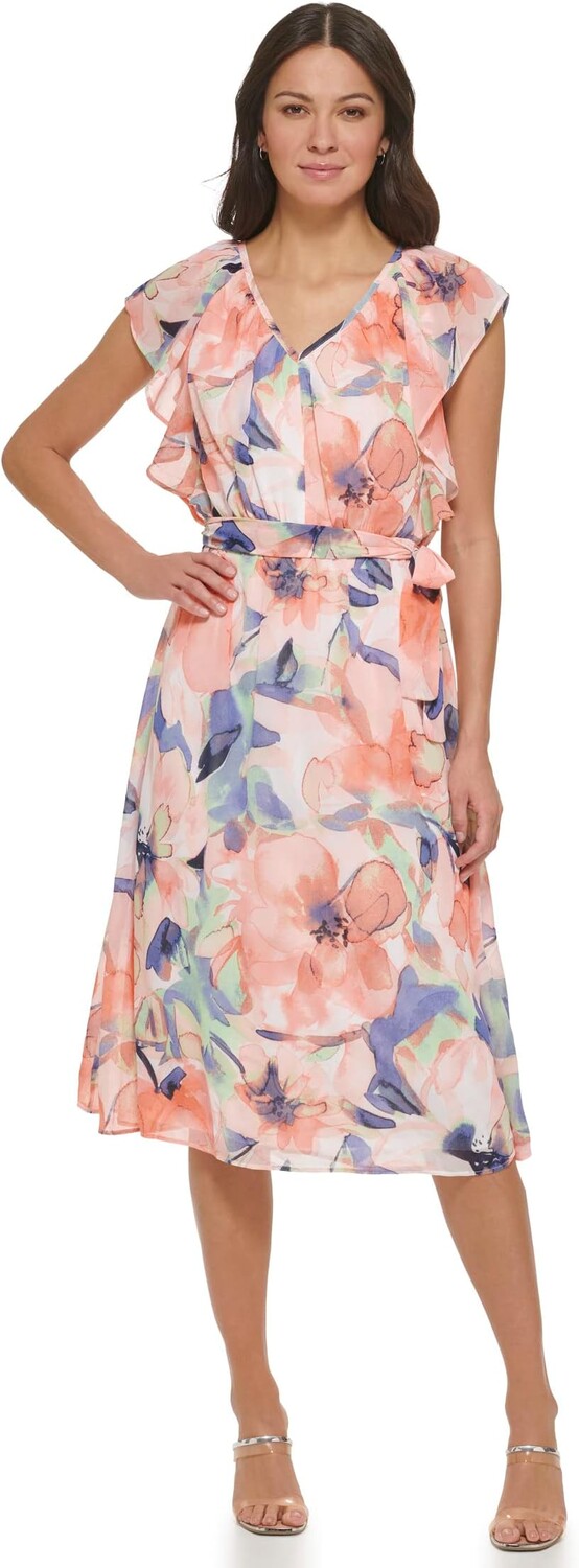 

Платье миди с V-образным вырезом и рукавами с рюшами DKNY, цвет Sunkist Coral/Spring Navy Multi