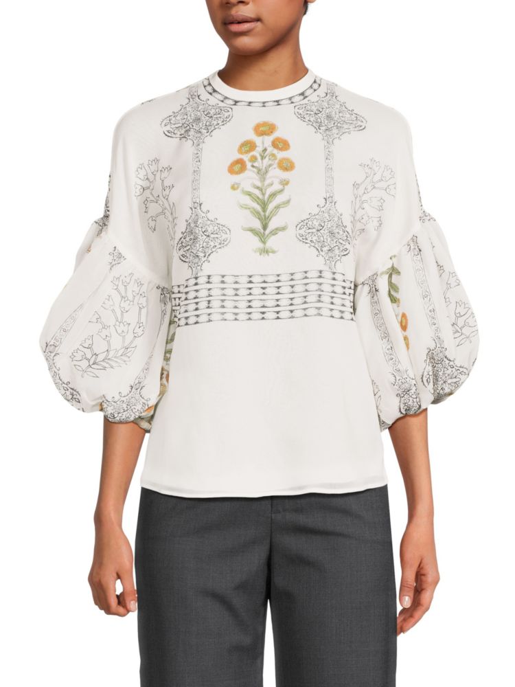 Шелковая блузка с объемными рукавами Giambattista Valli, цвет White Multi шелковая блузка со сборками с цветочным принтом giambattista valli розовый