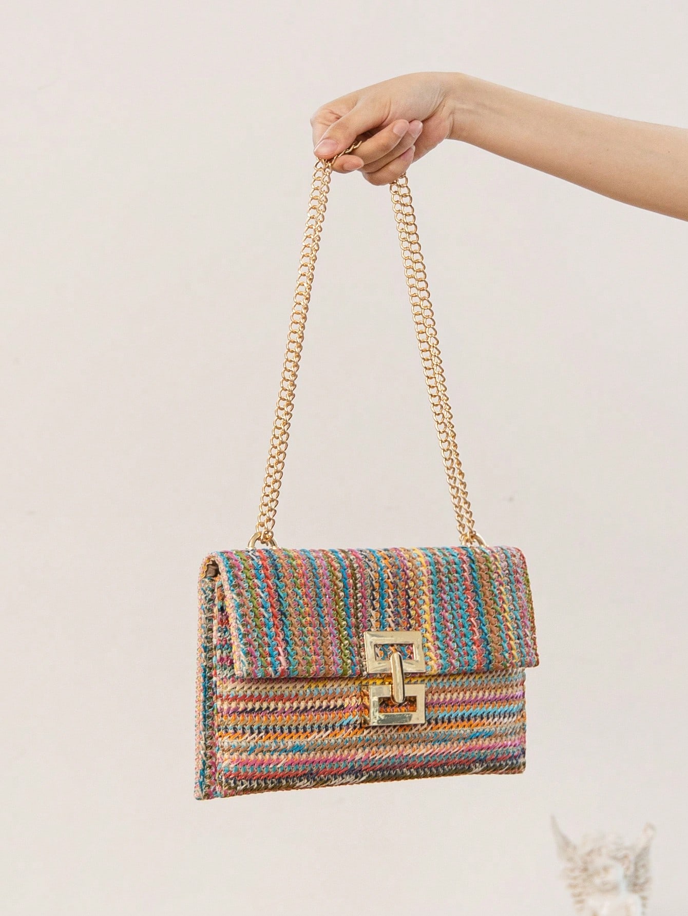 Металлический декор соломенной сумки с клапаном-цепочкой для отпуска, многоцветный