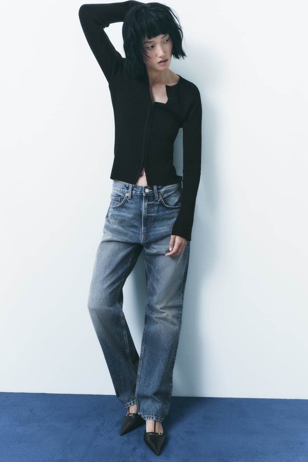 

Приглаженный трикотажный топ ZARA, черный