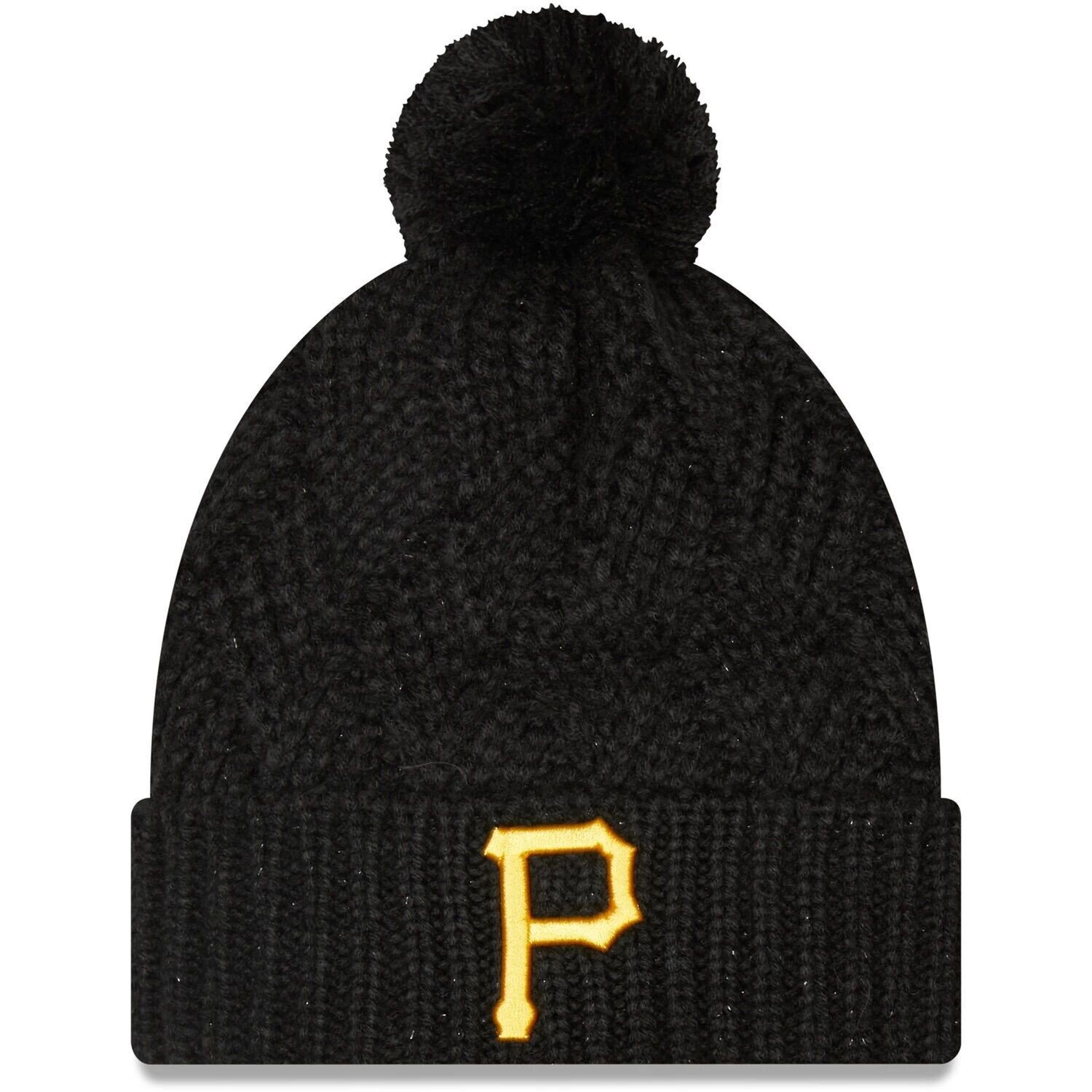 

Женская черная вязаная шапка New Era Pittsburgh Pirates Brisk с манжетами и помпоном New Era