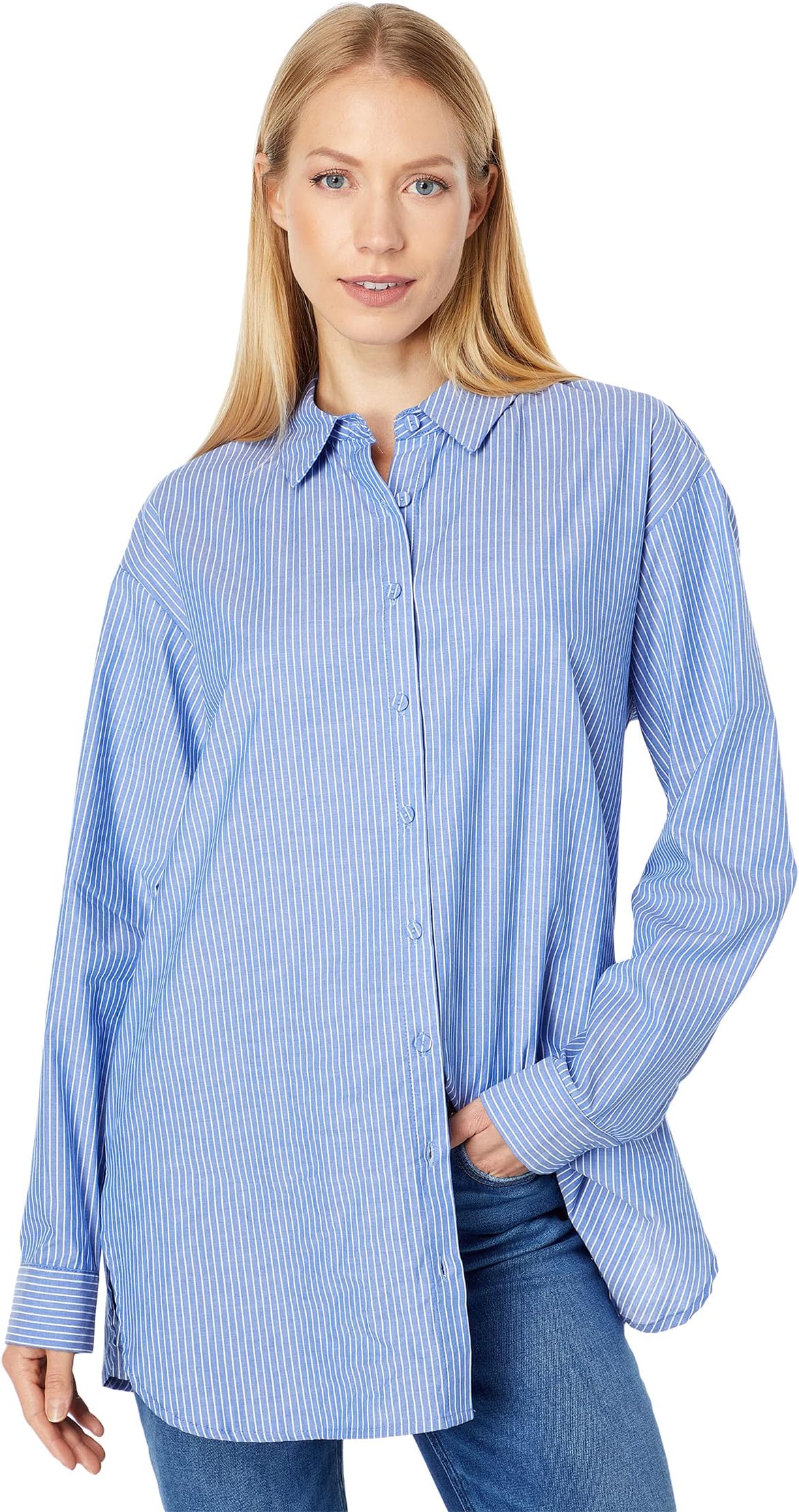 

Рубашка Vince Camuto Button-Down Preppy Stripe Tunic, цвет Chambray Blue