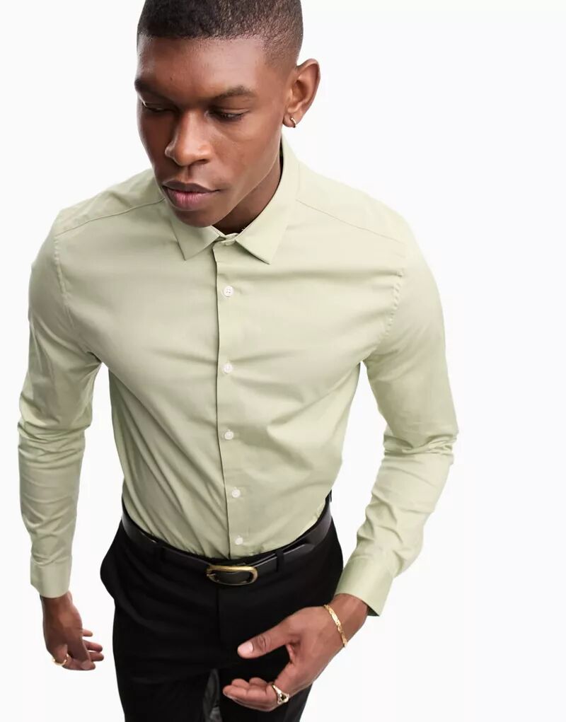 Зеленая эластичная рубашка скинни ASOS