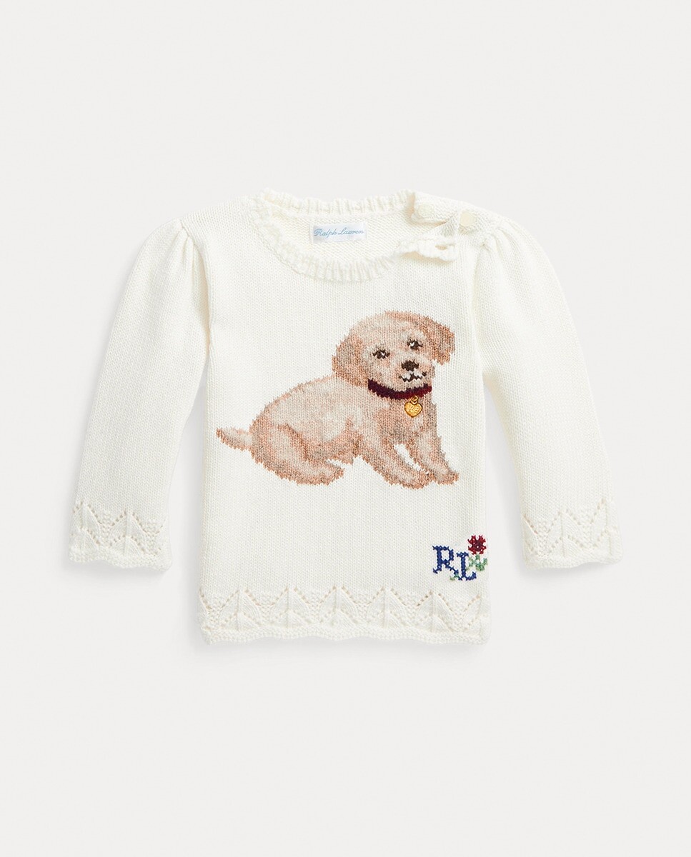 

Хлопковый свитер для девочки с собачкой Polo Ralph Lauren, кремовый