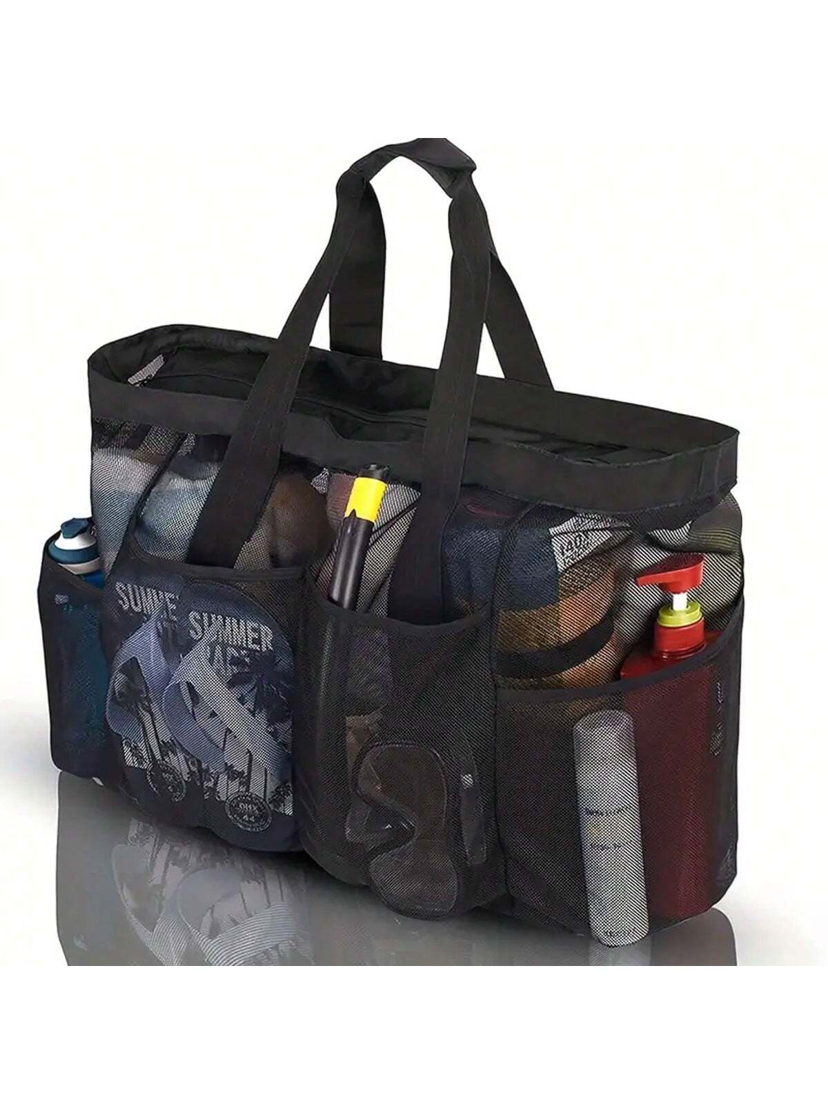Большая сетчатая пляжная сумка-тоут с несколькими карманами, черный сетчатая сумка для стиральной машины сетчатая сумка органайзер на шнурке вместительная сумка для гзного белья