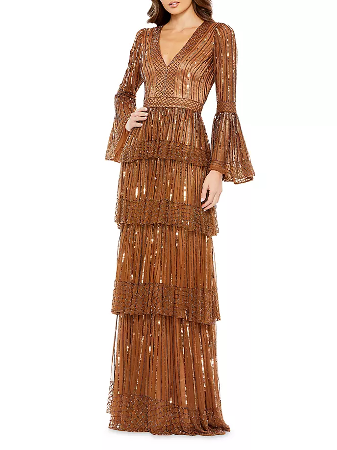 

Украшенное ярусное платье с рукавами-колокольчиками Mac Duggal, цвет copper