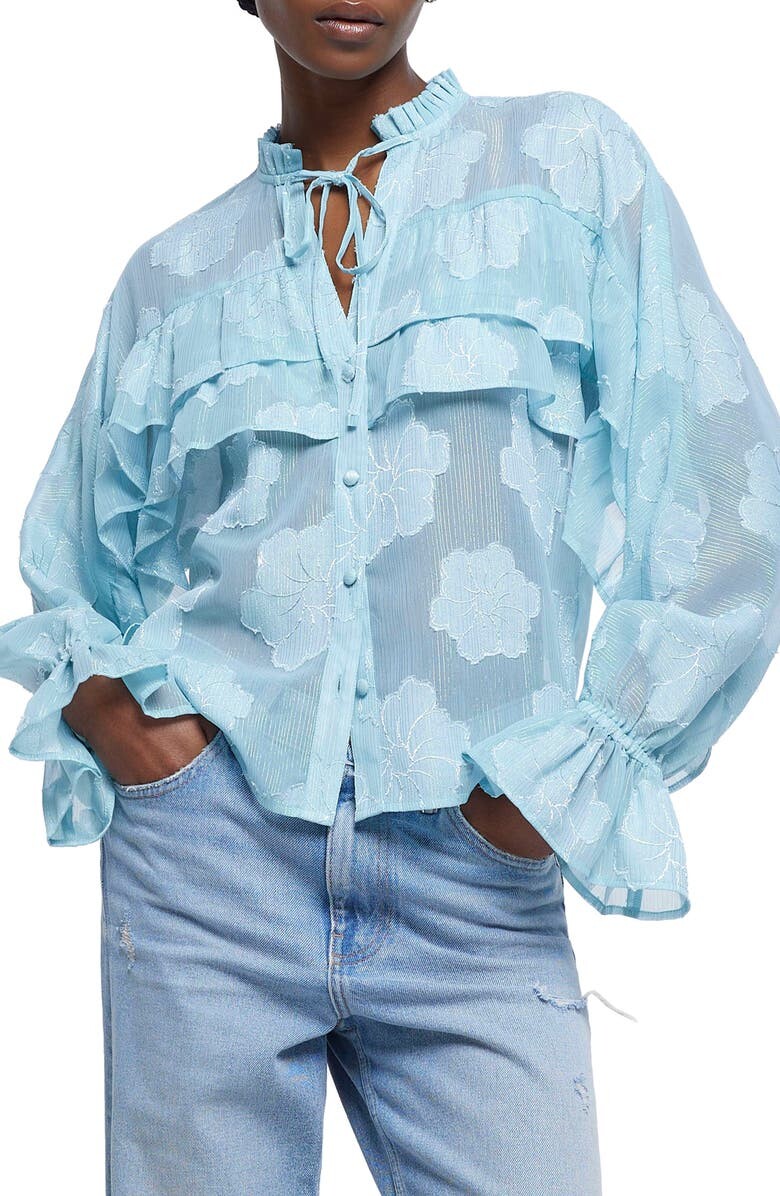 

Жаккардовый топ с рюшами и завязками на шее RIVER ISLAND, синий