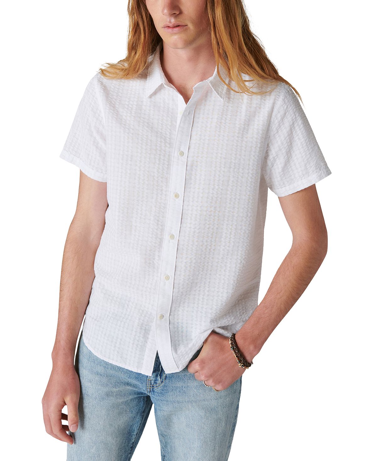 Мужская однотонная рабочая рубашка из жатого хлопка с короткими рукавами Lucky Brand