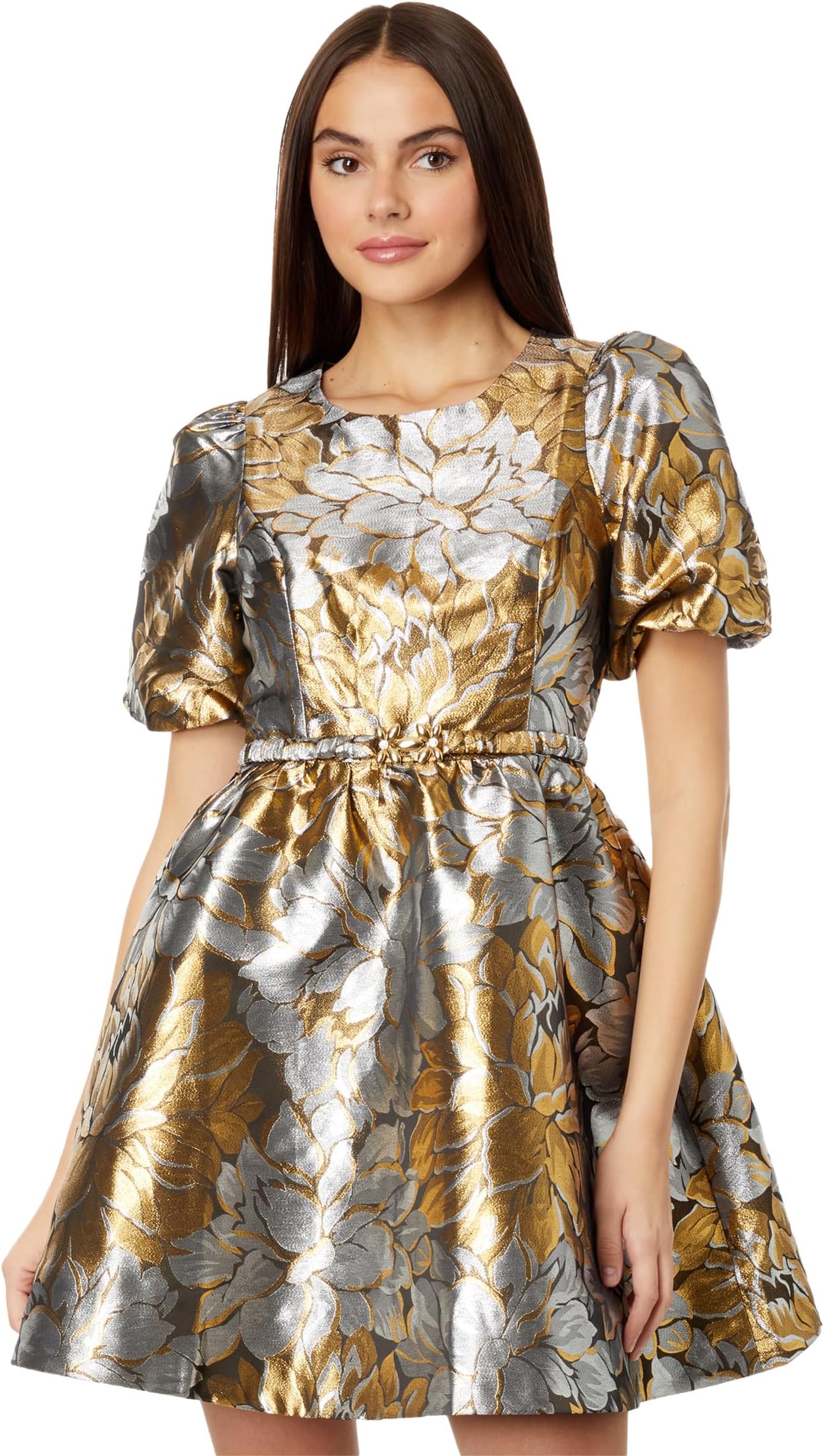 Платье Priyanka Short Sleeve Floral Lilly Pulitzer, цвет Gold Metallic Peony Parade Brocade