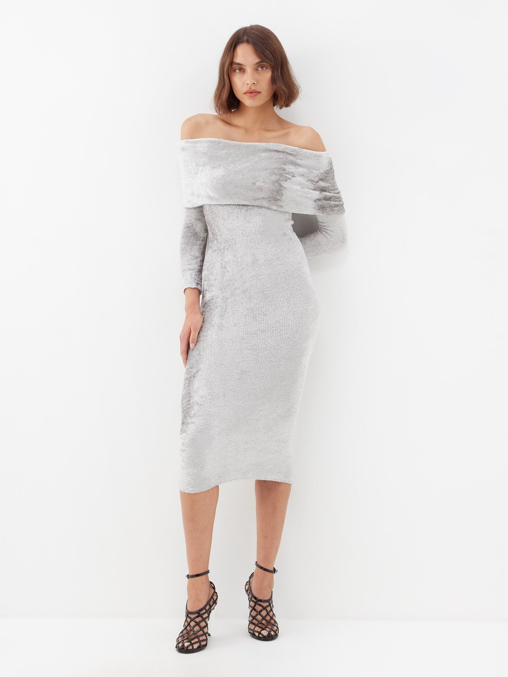 

Платье миди из синели с откидными плечами ALAÏA, серебряный, Серый