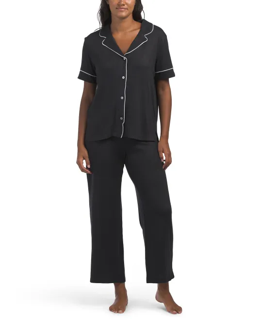 

Комплект из 2 пижамных топа и брюк Oasis с короткими рукавами и воротником-стойкой N Natori, черный