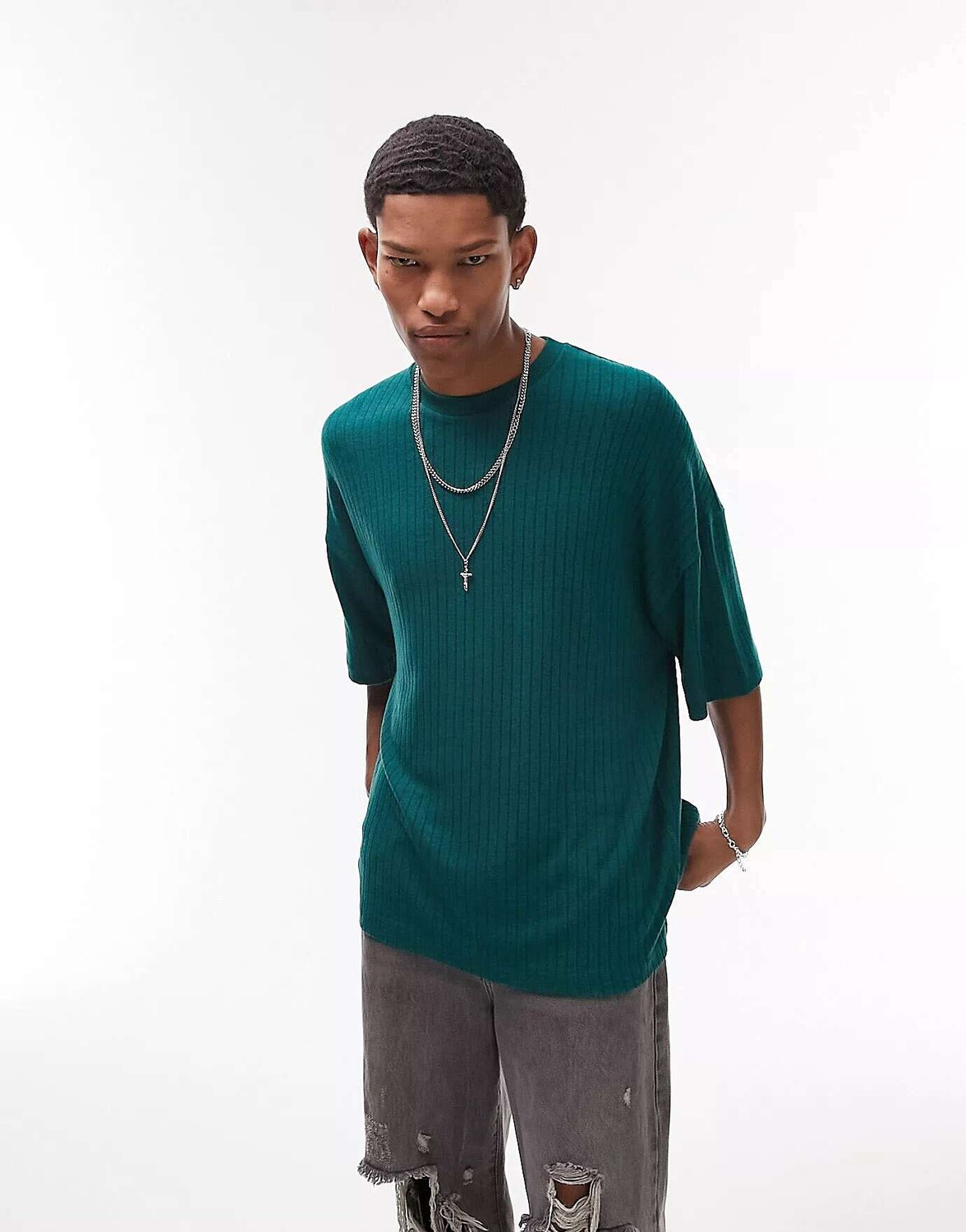 

Темно-зеленая футболка в рубчик Topman Extreme Oversized, Зеленый