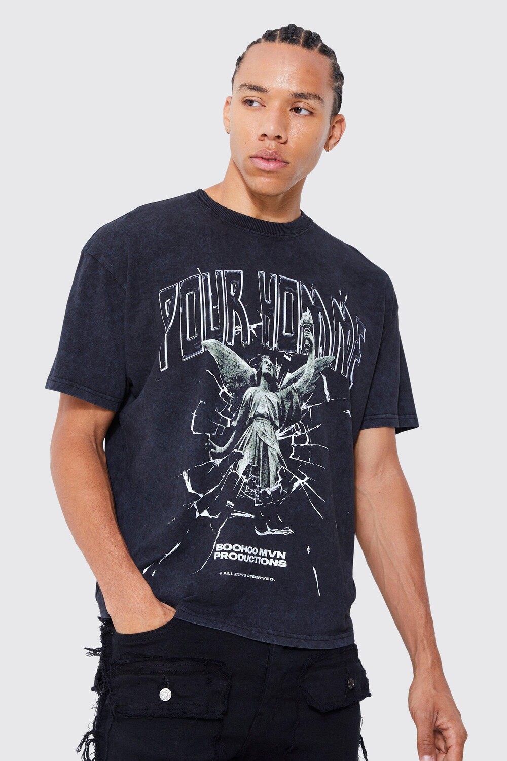 

Высокая футболка оверсайт acid wash homme statuue Boohoo, черный
