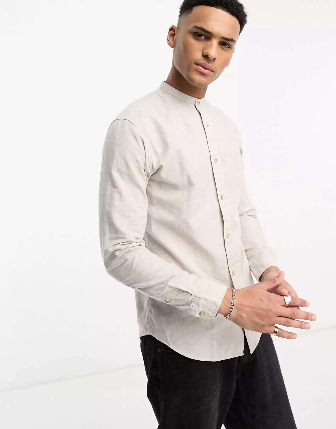 

Бежевая льняная рубашка с дедушкиным воротником Jack & Jones Essentials