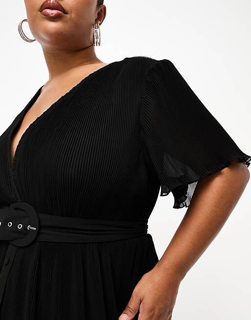 

Черное платье миди со плиссированными рукавами и поясом ASOS DESIGN Curve