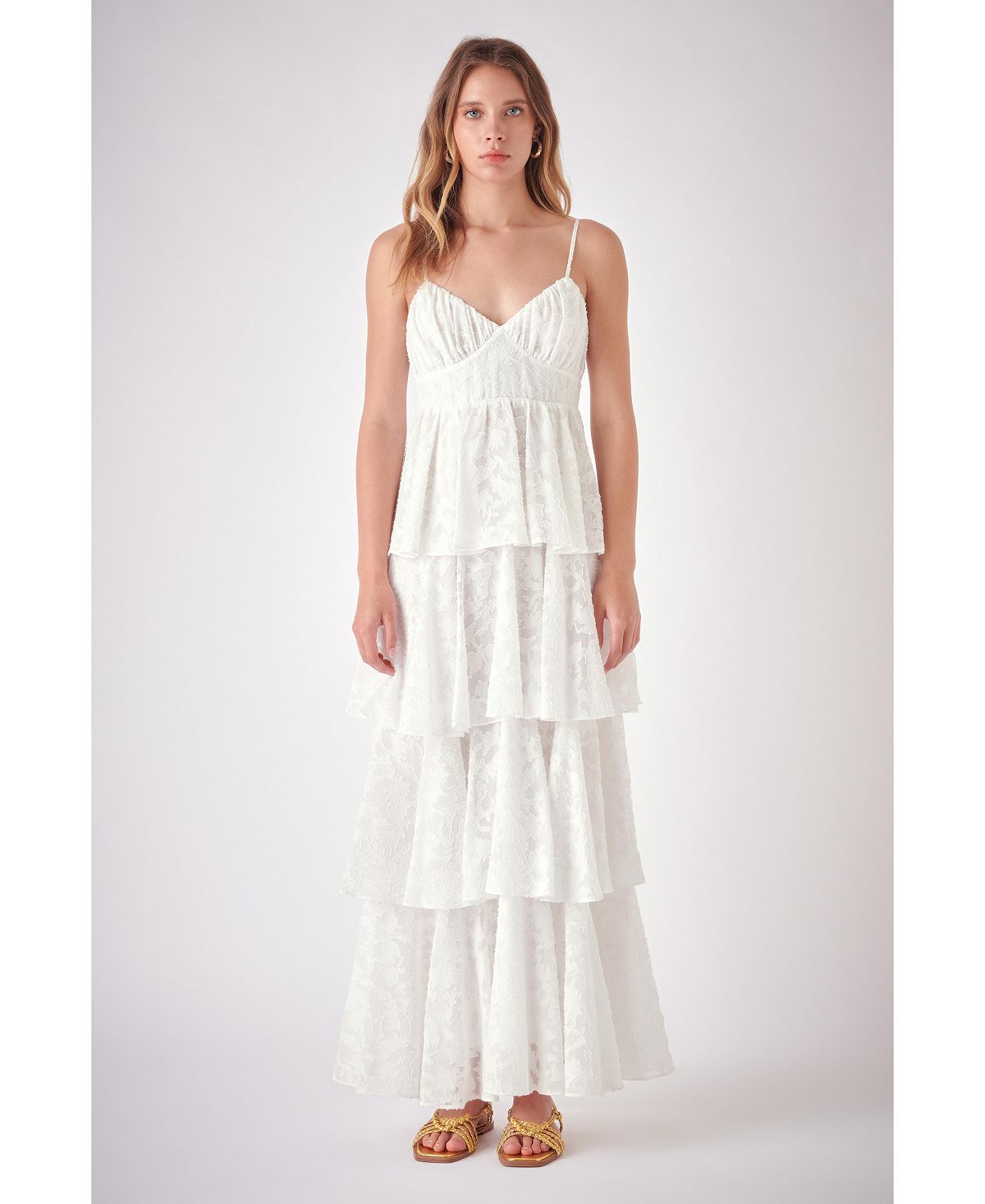 Женское многоярусное жаккардовое платье макси с цветочным принтом Free the Roses, белый