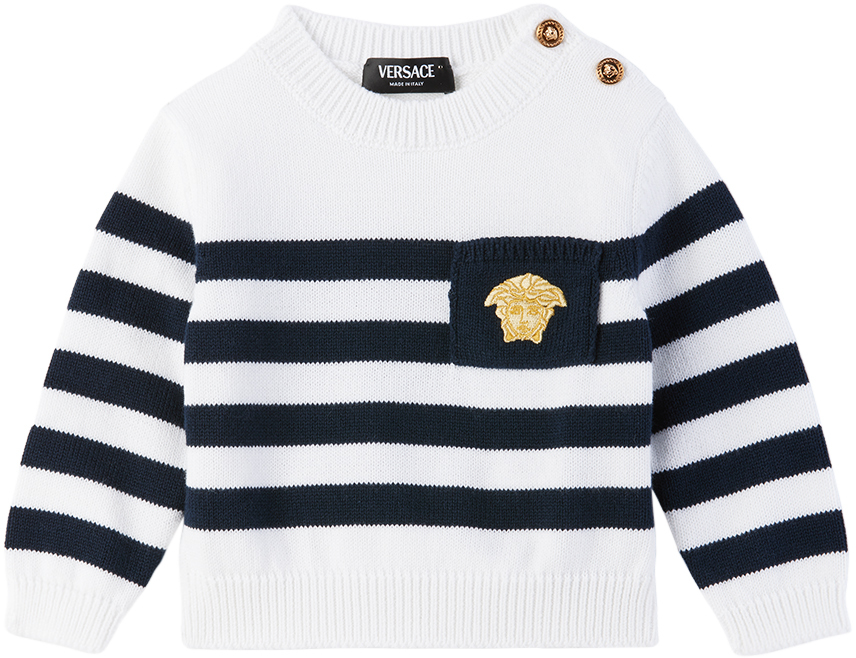 Детский бело-темно-синий свитер в морскую полоску Versace