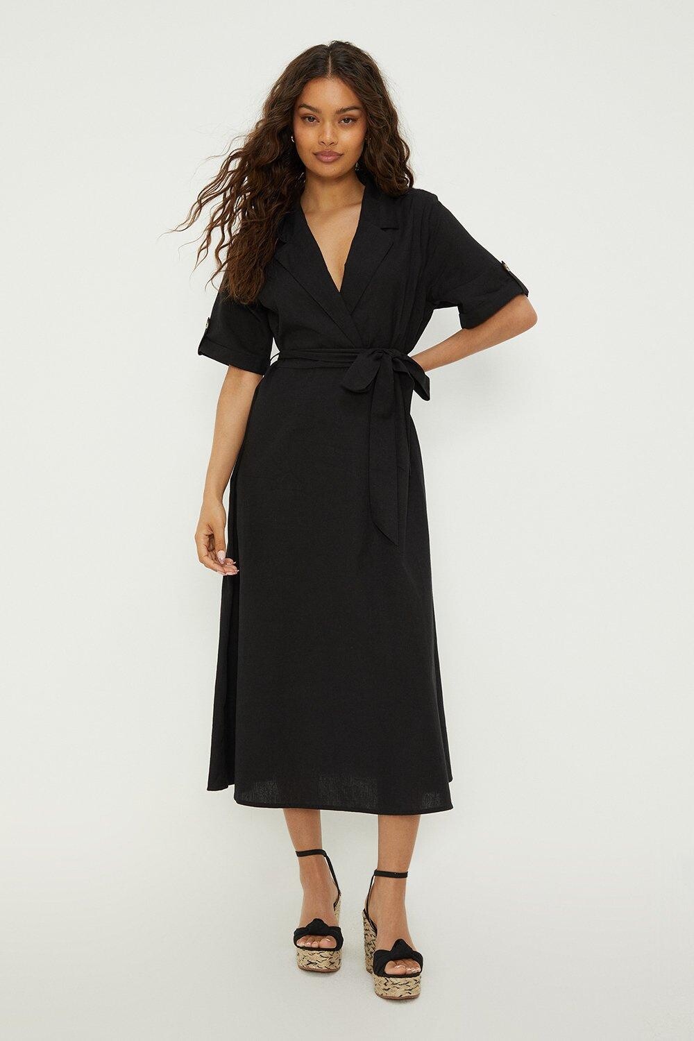 

Миниатюрное черное платье-рубашка миди с запахом Dorothy Perkins, черный