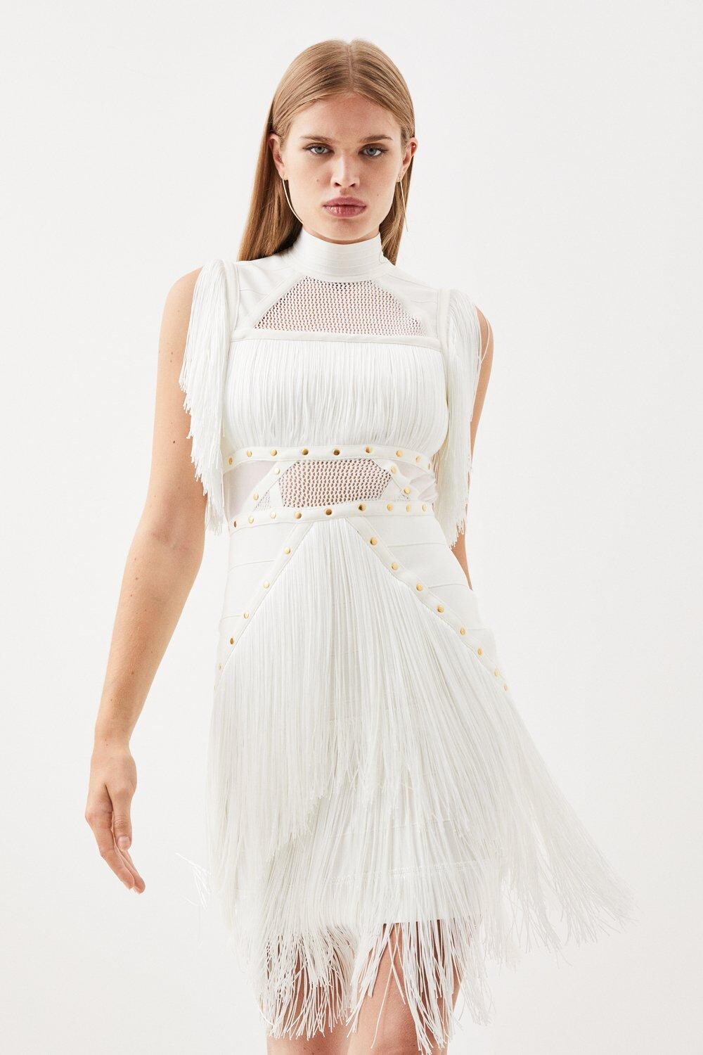 

Бандажное мини-платье с заклепками и бахромой Karen Millen, белый