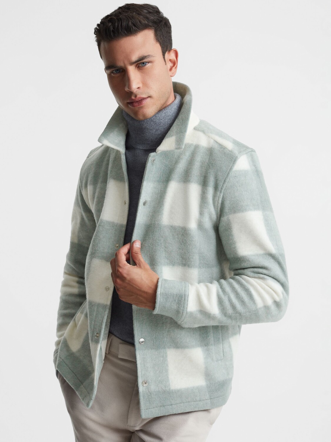 

Рубашка в клетку Scott с длинными рукавами и начесом Reiss, шалфей/белый