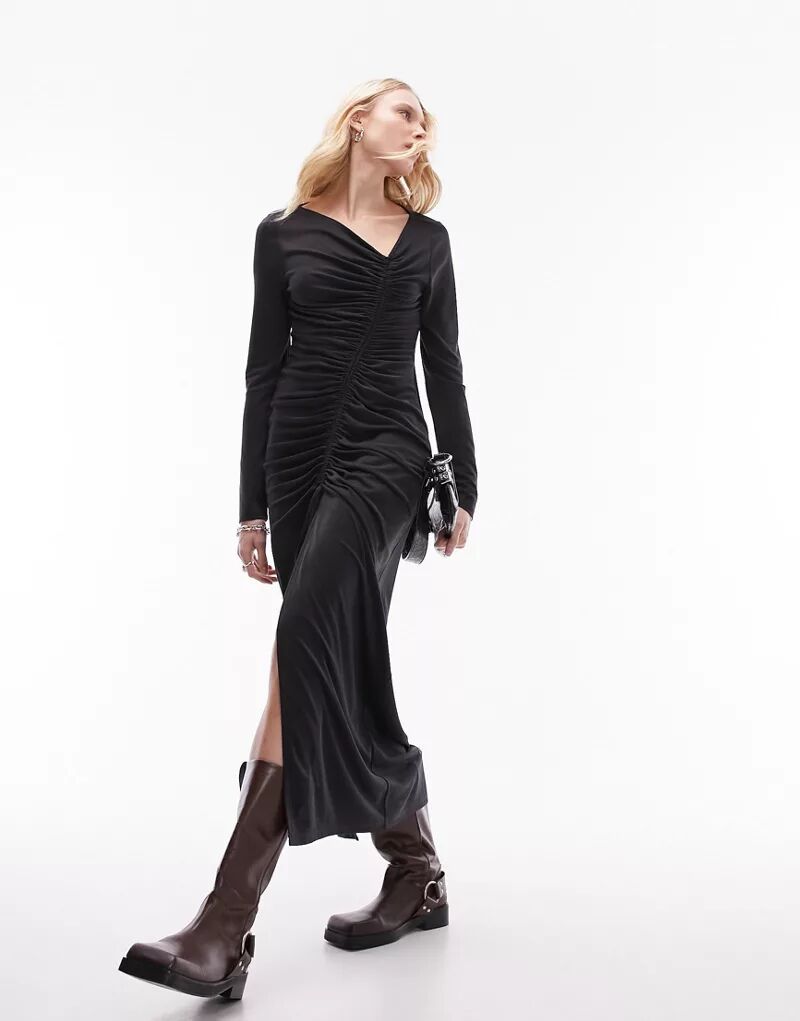 Супермягкое темно-серое платье миди со сборками и длинными рукавами Topshop