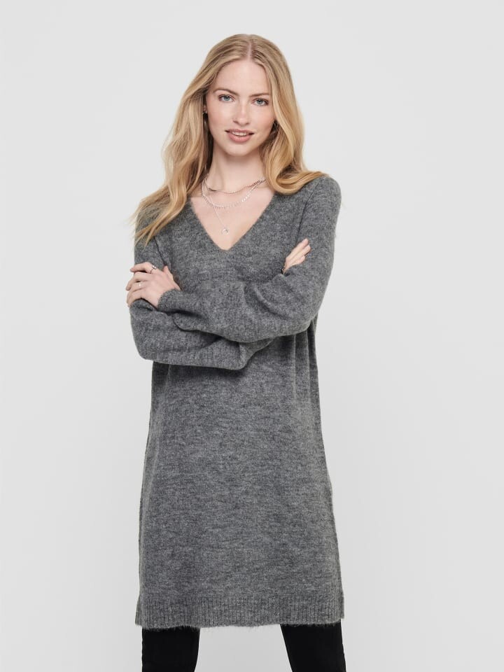 

Длинное платье JACQUELINE de YONG Langarm Strick Mini V Ausschnitt Pullover JDYELANORA, темно-серый