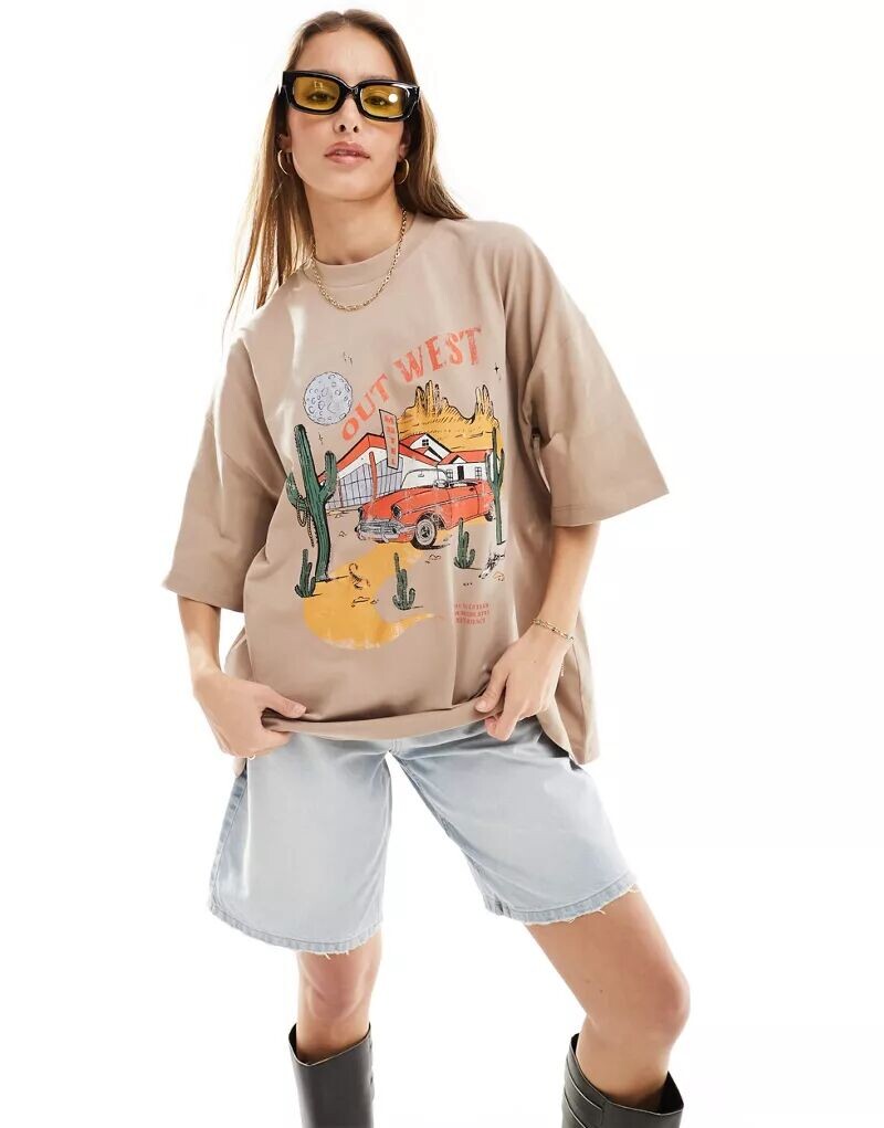 

Светло-коричневая футболка оверсайз с графикой Out West ASOS
