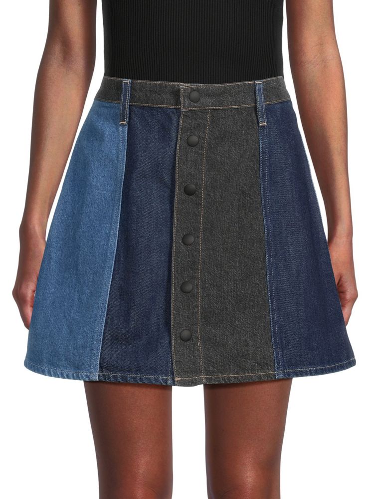 Джинсовая мини-юбка трапеции в стиле пэчворк Ag Jeans, цвет Blue Black
