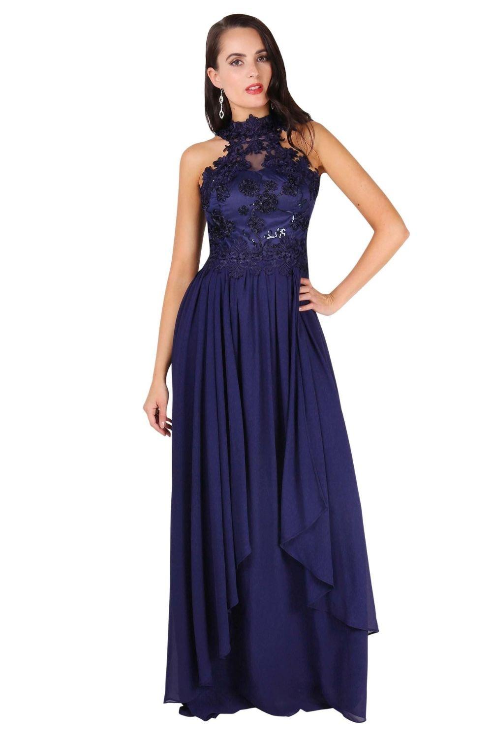 Кружевное платье для выпускного макси с воротником халтер KRISP, темно-синий фото