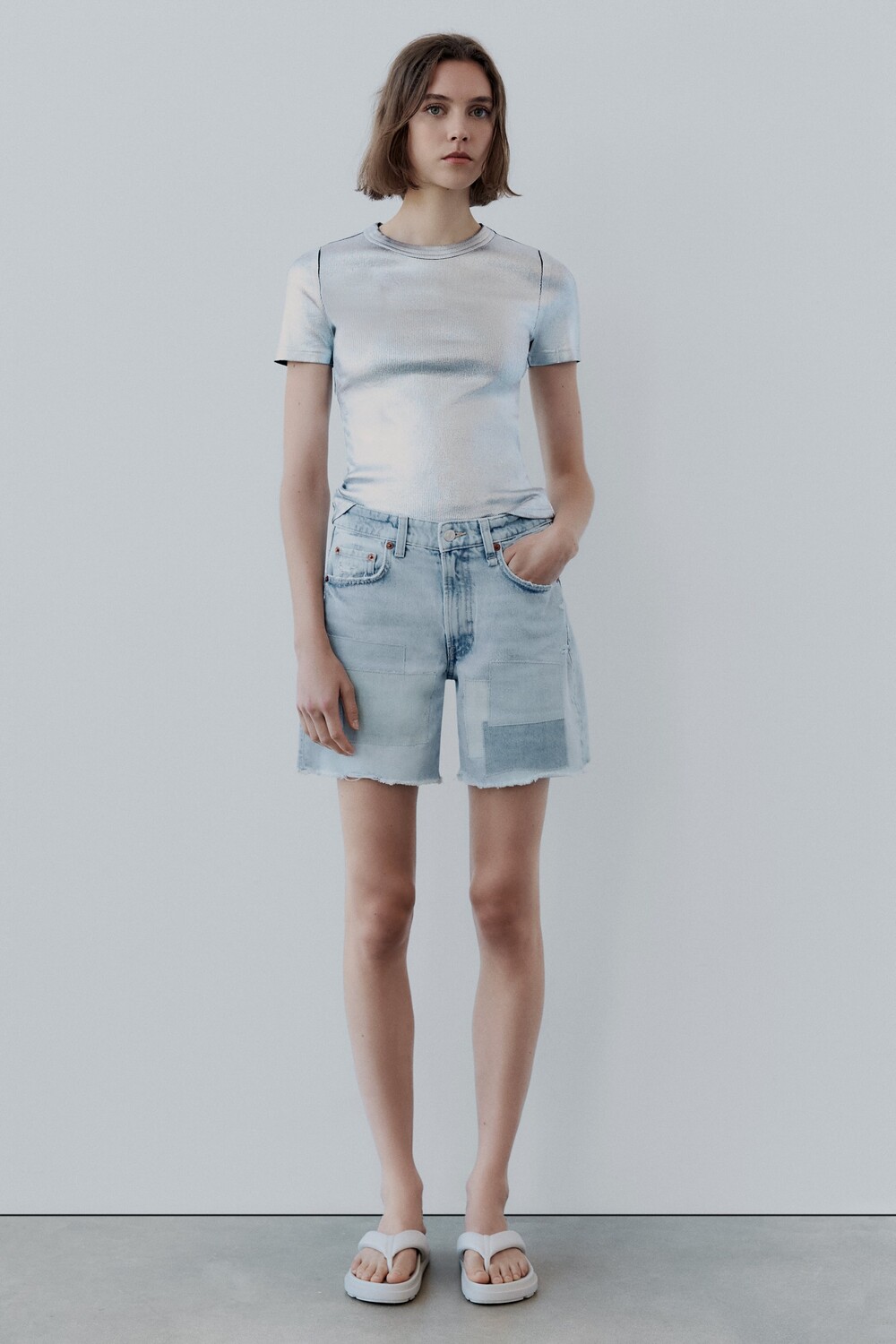 

Шорты trf из денима средней посадки с нашивками Zara, синий
