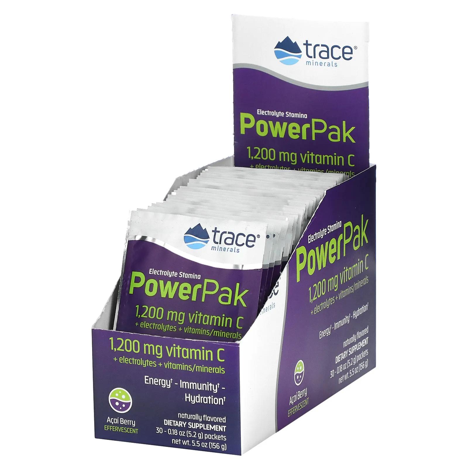 Trace Minerals Research Electrolyte Stamina Power Pak 1200 mg Acai 30 Packets 0.18 oz (5.2 g) Each trace minerals research electrolyte stamina power pak вкус лимон лайм 30 пакетиков по 4 9 г каждый