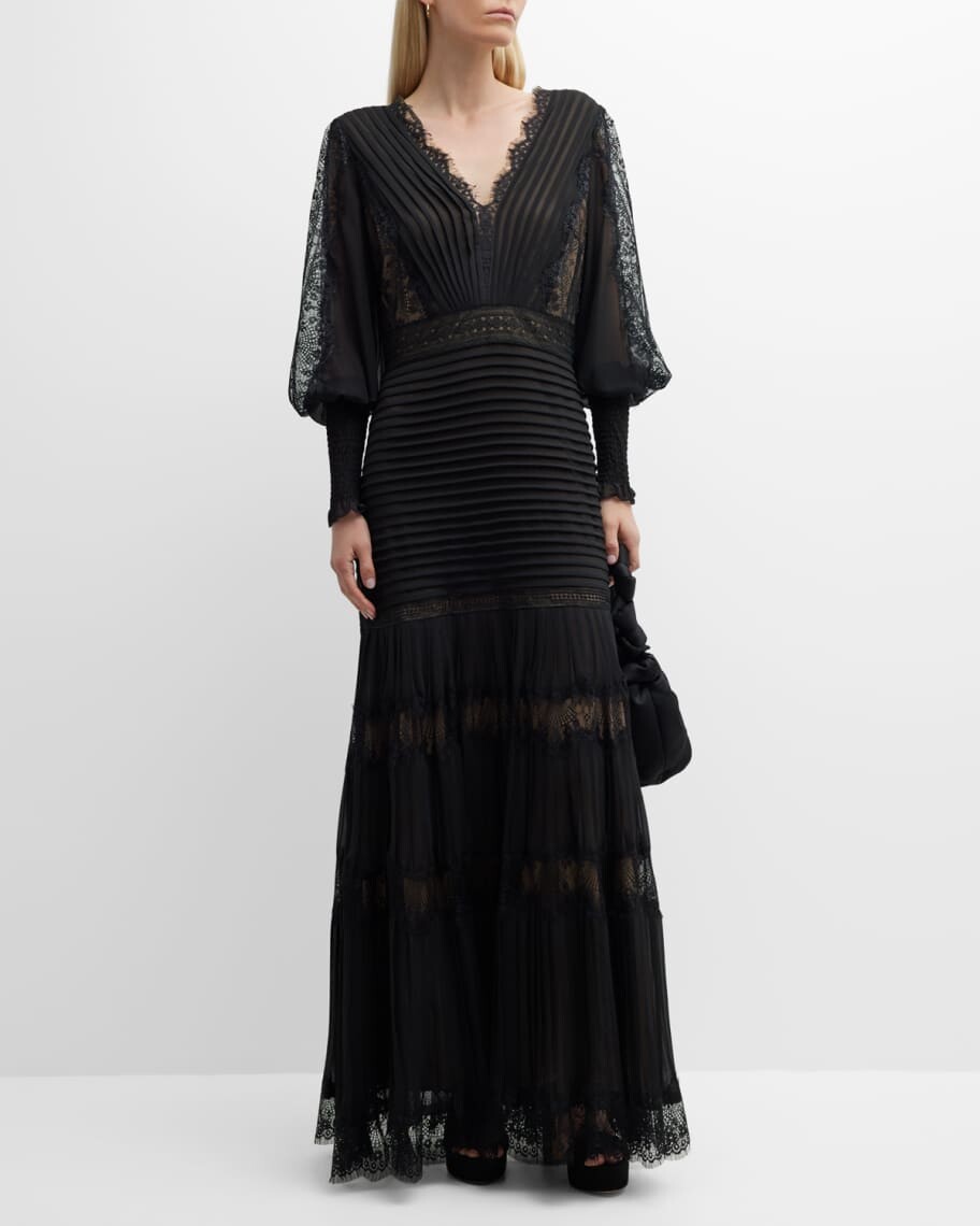 

Многоуровневое плиссированное кружевное платье с рукавами-фонариками Tadashi Shoji