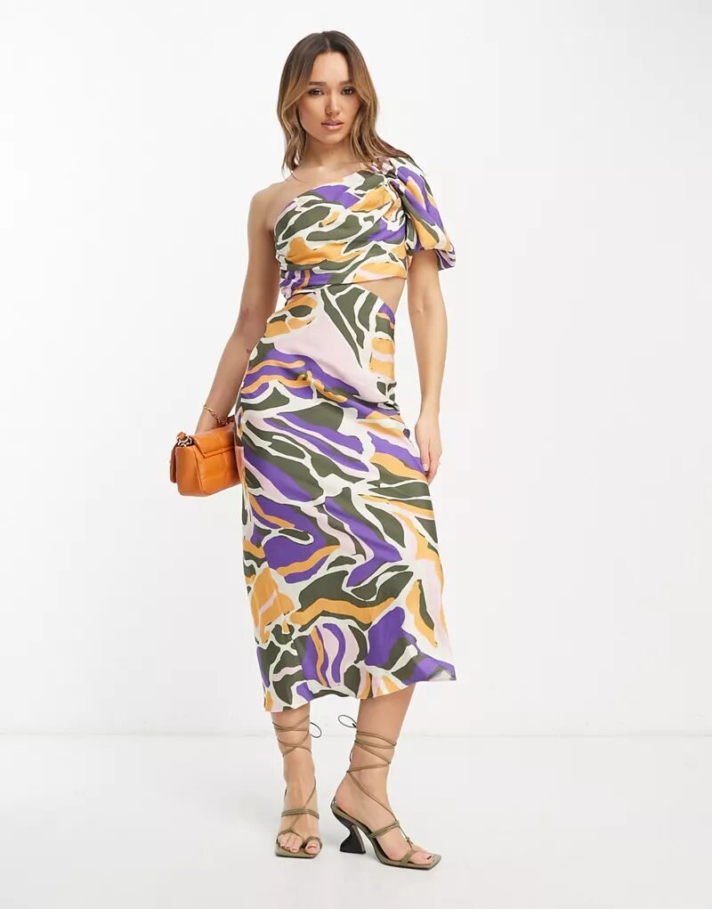 Платье макси на одно плечо с вырезом на талии и абстрактным принтом ASOS толстовка zara fleece with an abstract print разноцветный