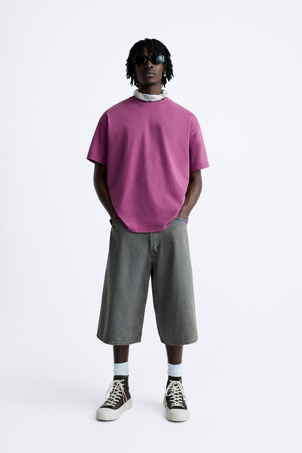 Базовая тяжелая футболка ZARA, фиолетовый