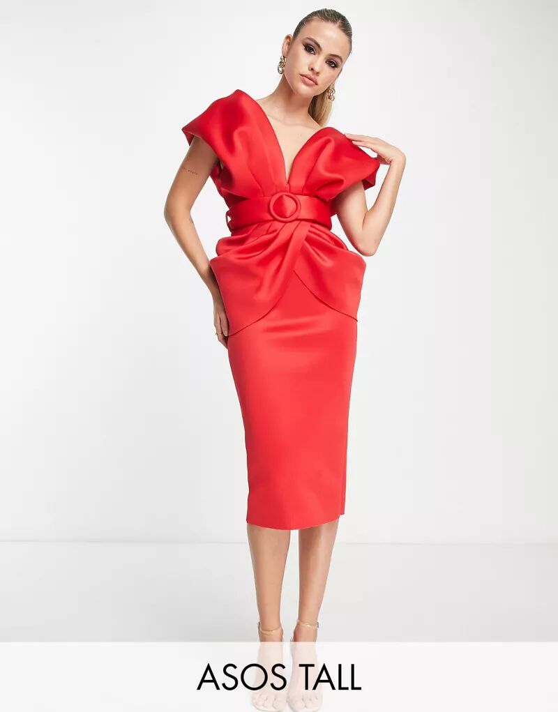 цена Красное платье миди с драпировкой и поясом ASOS DESIGN Tall