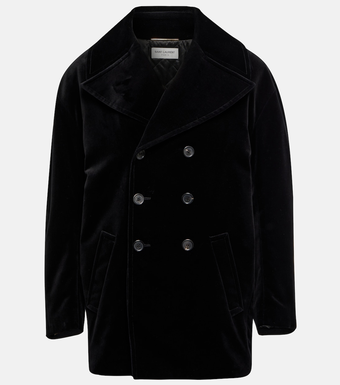 цена Двубортный бархатный пиджак Saint Laurent, черный