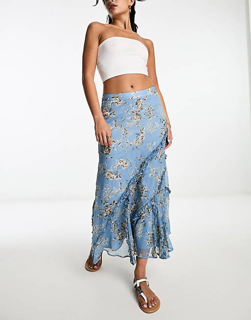 

Синяя ярусная юбка миди с оборками River Island