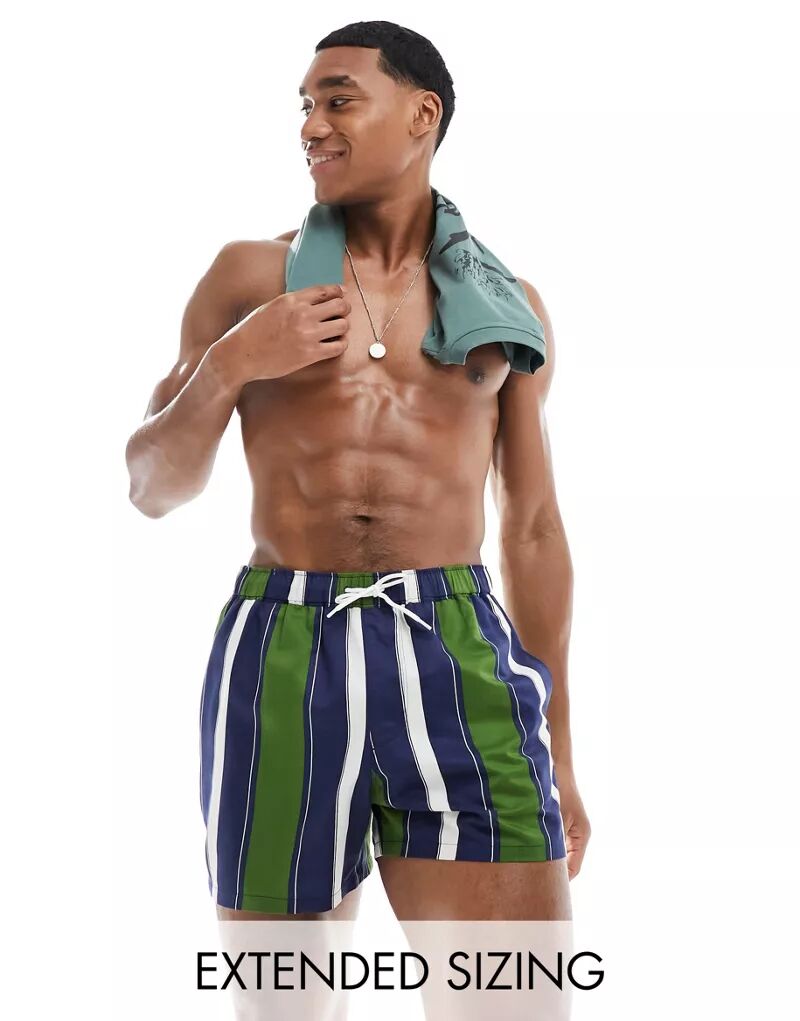 Короткие шорты для плавания в зеленую и темно-синюю полоску ASOS