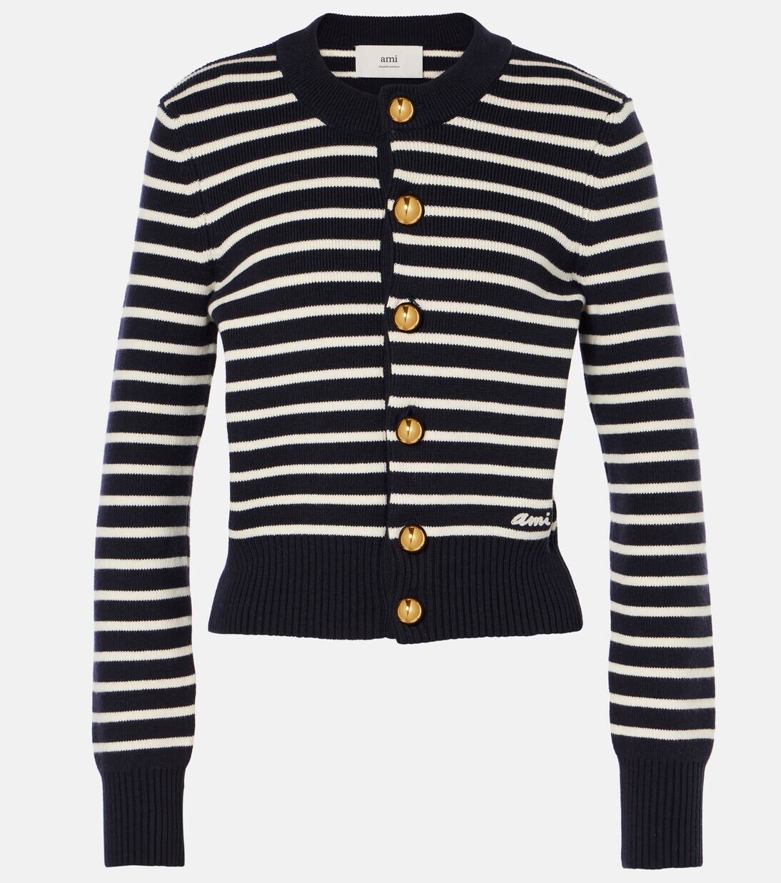

Полосатый кардиган из хлопка и шерсти Ami Paris, цвет navy blue